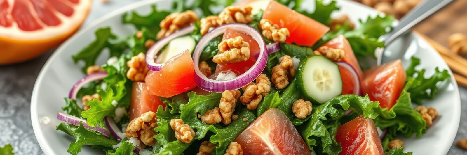 Fresh salad with tomatoes, cucumbers, walnuts, and red onion served on a plate for a healthy meal